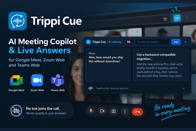 Screenshot: Trippi Cue AI meeting copilot with live answers